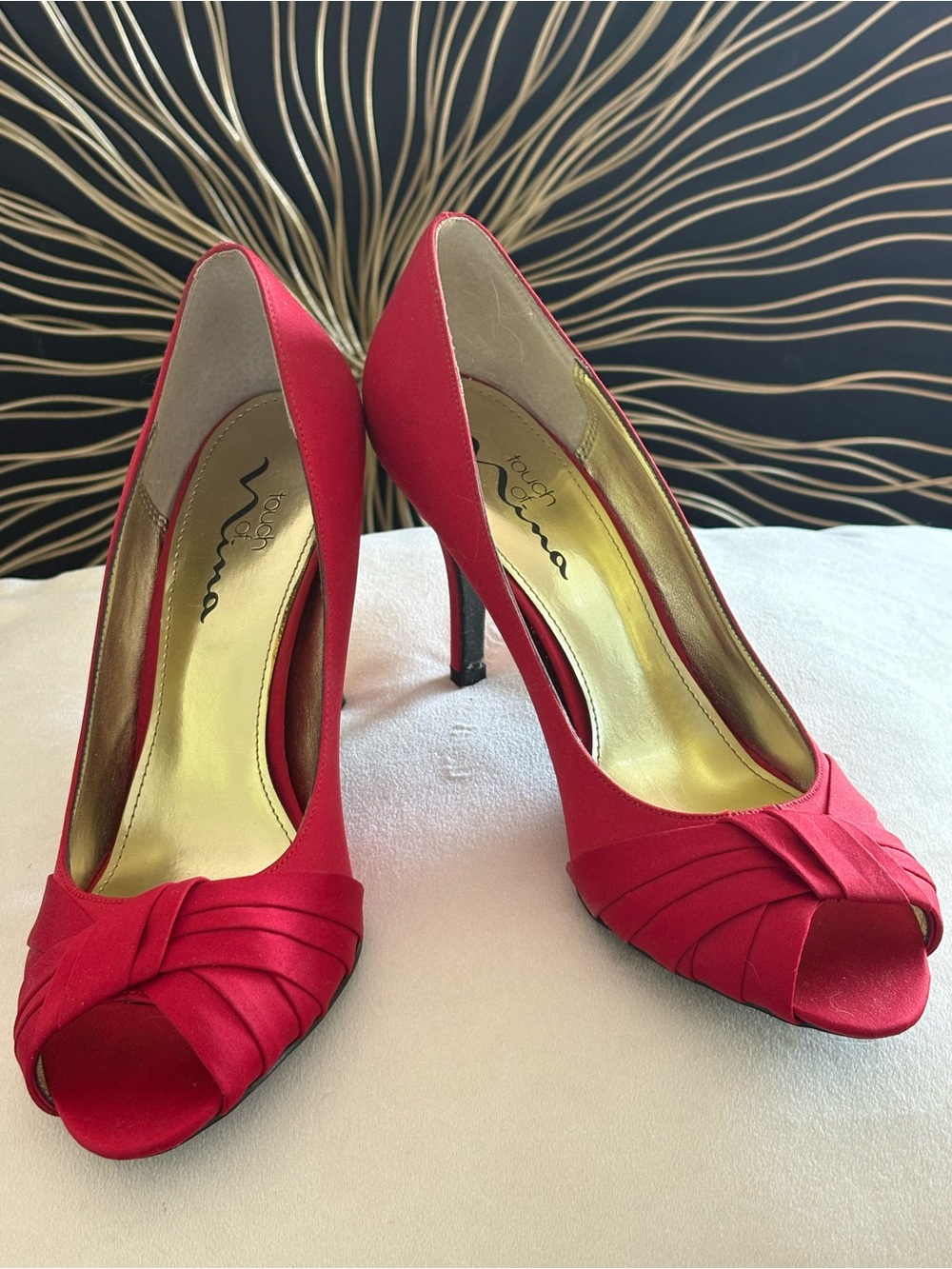 Touch of Nina Red Satin Peep Toe Pumps with Pleated Knot